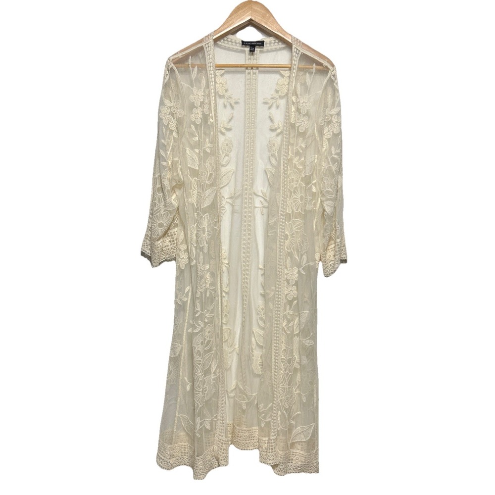 Lane Bryant Lace Floral Embroidered Open Front Kimono Duster Ivory Size 18/20